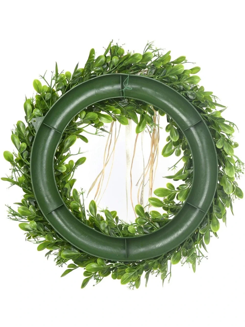 16in Green Plastic Boxwood Wreath with Natural Bow - Day to Day Home or Holiday